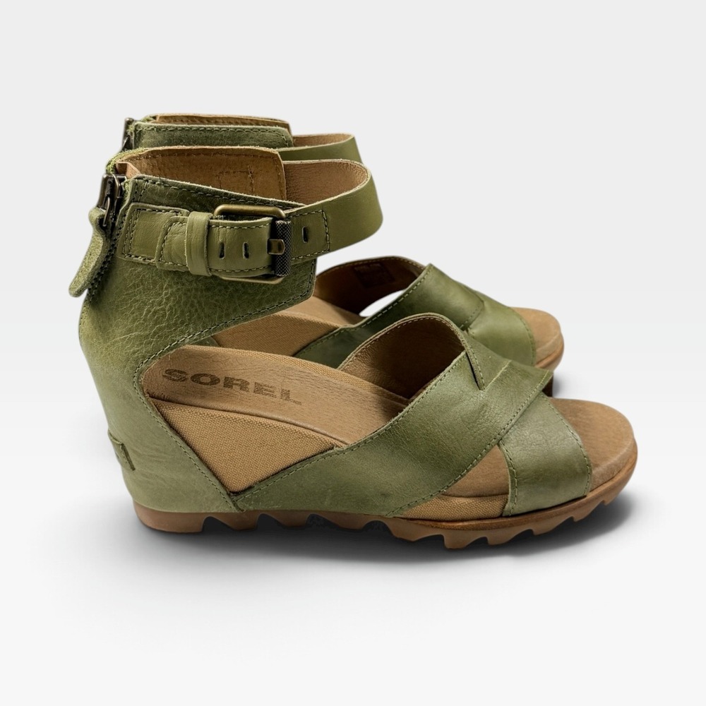 Sorel Joanie Sandal II Womens 10 Olive Drab Leather Wedge Sandals Excellent